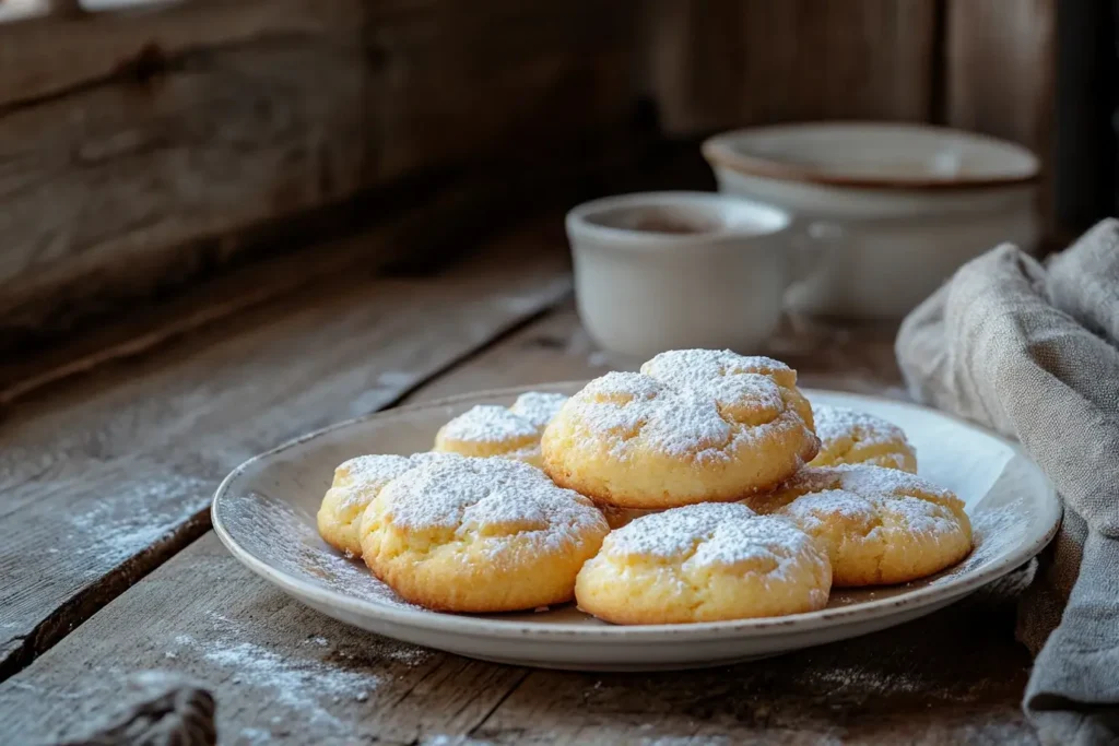 Golden, fluffy Cool Whip cookies dusted with powdered sugar on a rustic wooden plate, accompanied by a cozy cup of coffee.