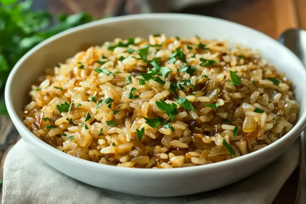 A bowl of French Onion Soup Rice garnished with fresh parsley, highlighting its golden-brown color and fluffy texture.