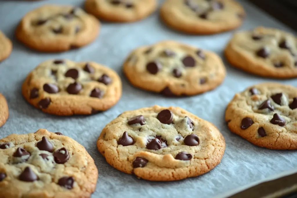 A batch of evenly baked chocolate chip cookies cooling on parchment paper, golden-brown and dotted with chocolate chips.