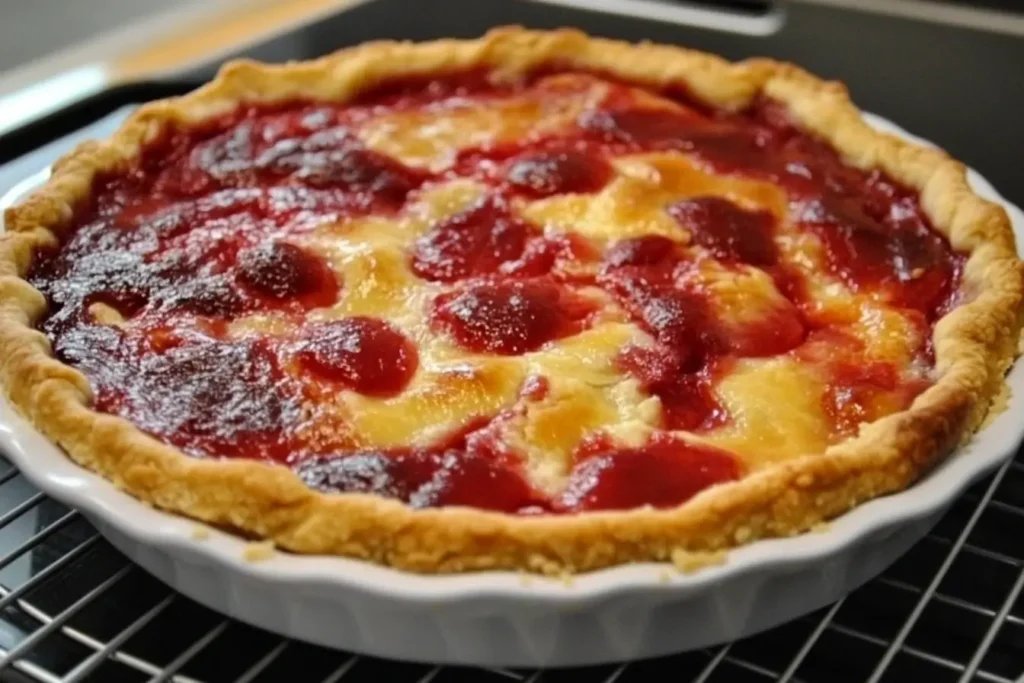 A freshly baked Crazy Crust Pie with a bubbling fruit filling and perfectly golden crust cooling on a wire rack.