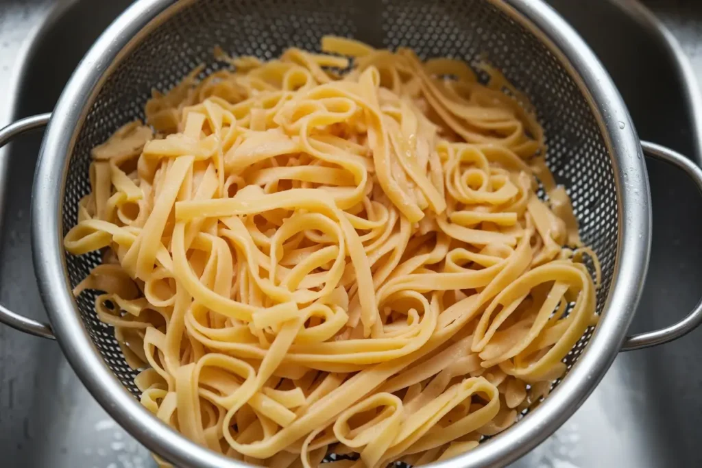 A close-up of freshly cooked fettuccine pasta in a stainless steel colander, drained and ready for preparation.