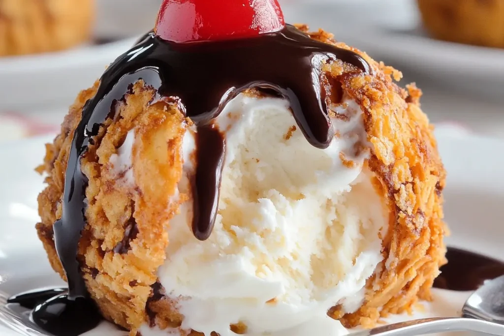 Mexican Fried Ice Cream cut open to reveal the creamy ice cream center, with chocolate sauce and crispy coating visible in detail.