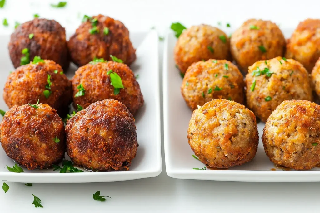 Side-by-side comparison of fried meatballs with a golden crispy crust and baked meatballs with an even golden texture, displayed on white plates.