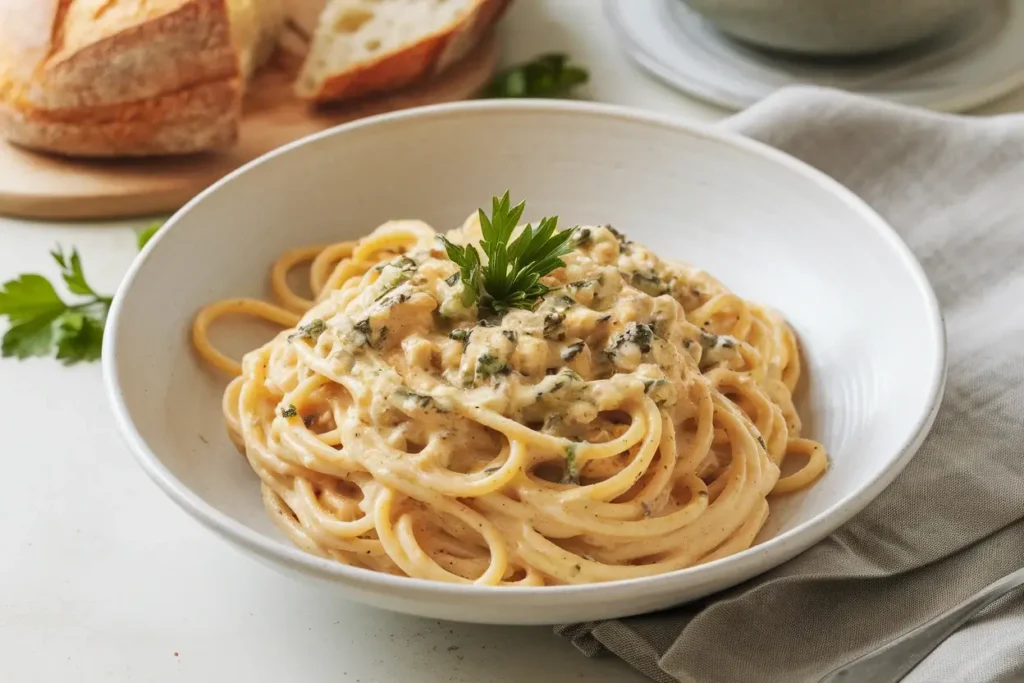 A bowl of spaghetti in a garlic and herb cream cheese sauce, garnished with parsley, served with rustic bread in the background.