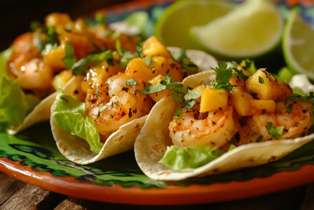 Garlic shrimp tacos filled with mango salsa, lettuce, and cilantro, served with lime wedges on a vibrant plate for a tropical-inspired dish.