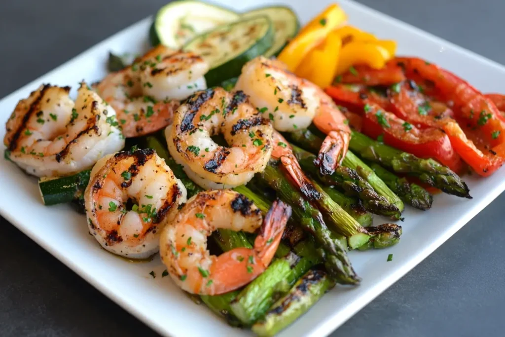 Grilled garlic shrimp served with asparagus, zucchini, and colorful bell peppers on a white plate, showcasing a fresh and vibrant meal.