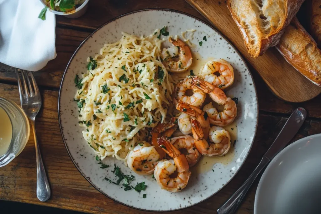 A plate of garlic shrimp served with creamy parmesan fettuccine and crusty French bread, garnished with fresh parsley on a rustic wooden table.