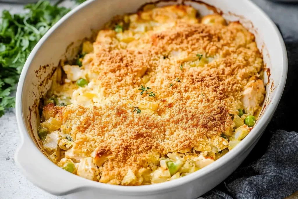 Golden baked chicken casserole with a crispy breadcrumb topping, mixed with peas and herbs for added texture and vibrant flavors.