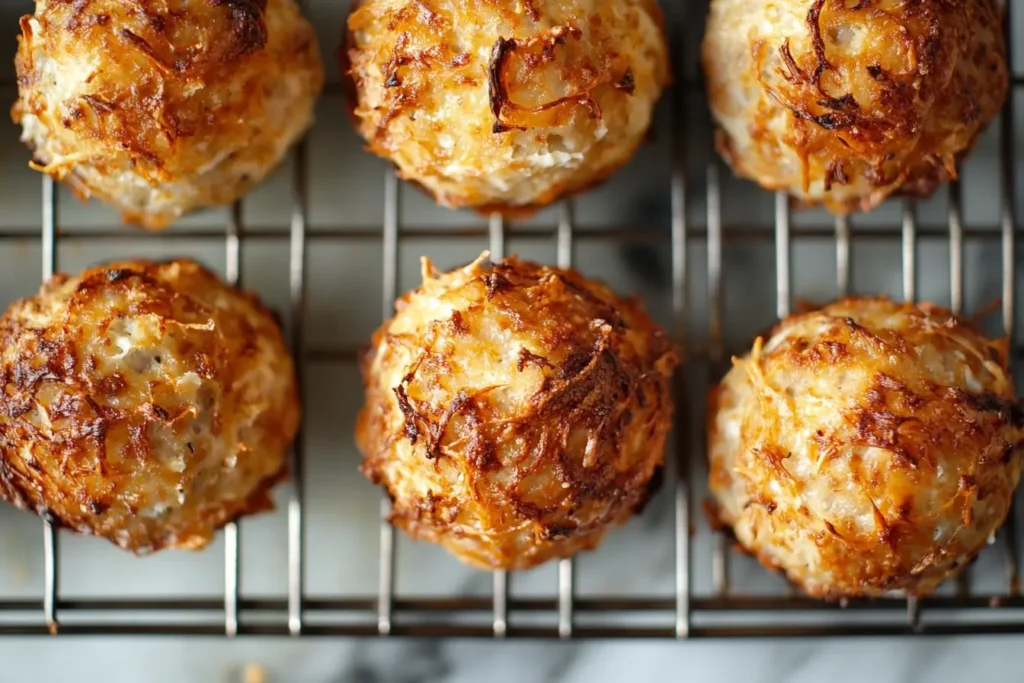 Golden-brown cream cheese sausage balls cooling on a wire rack, highlighting their crispy and evenly baked texture.