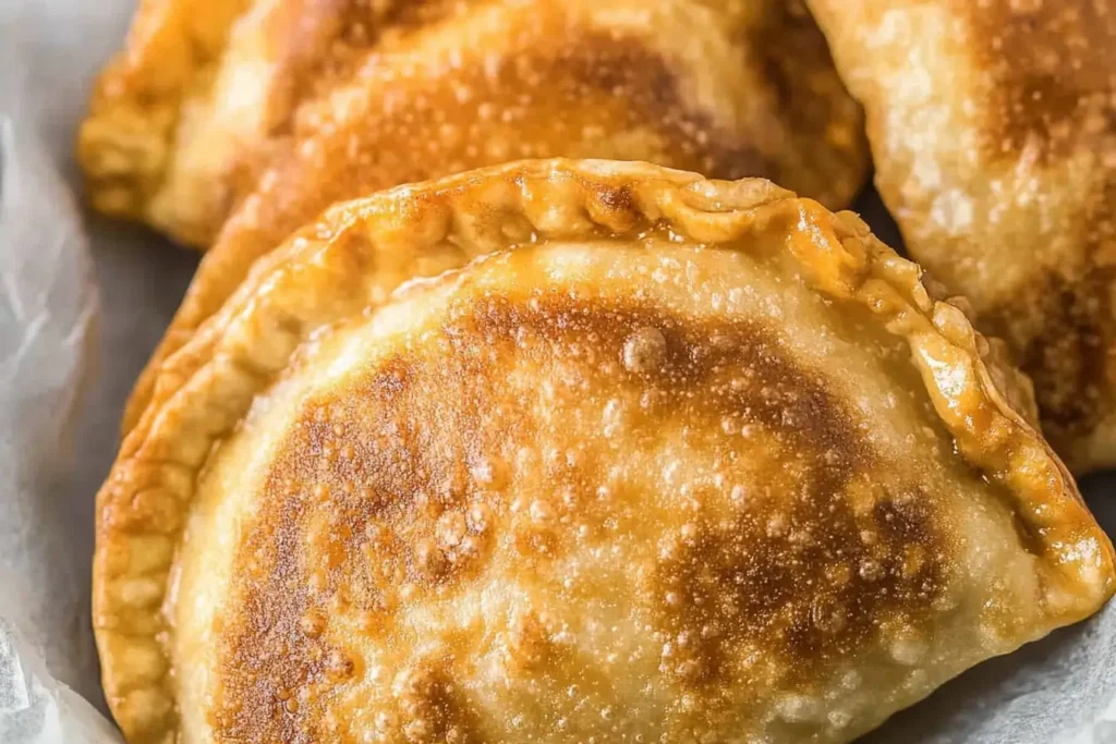 Golden brown caramel apple empanadas with a flaky, crispy crust, fresh out of the oven, showcasing a perfect seal and texture.