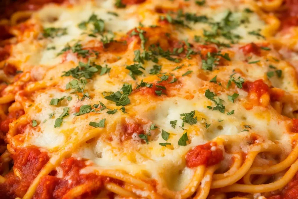 A close-up of baked spaghetti topped with golden, bubbling cheese and garnished with chopped parsley, showcasing the rich and creamy texture.