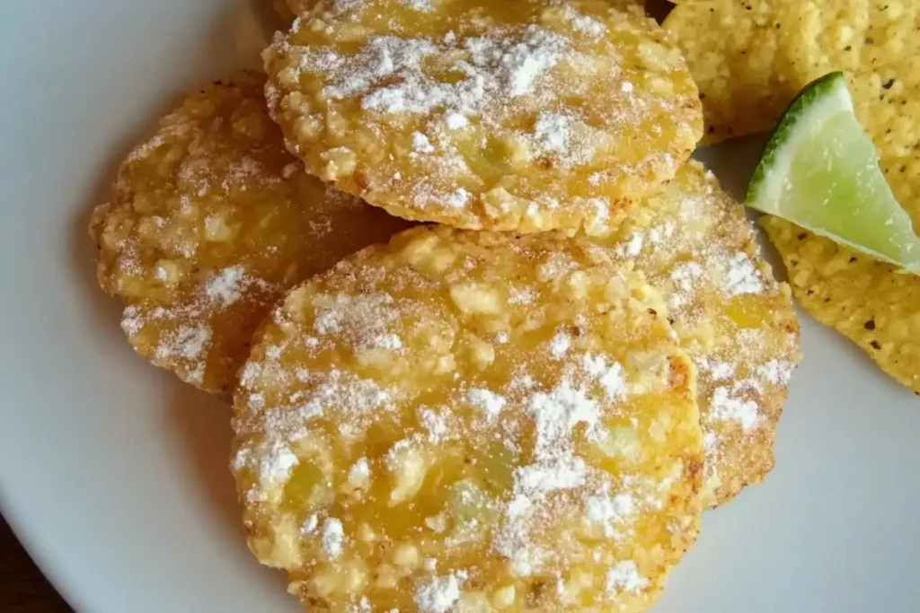 Golden crispy Cool Whip cookies sprinkled with powdered sugar, served with lime wedges and tortilla chips for a unique pairing.