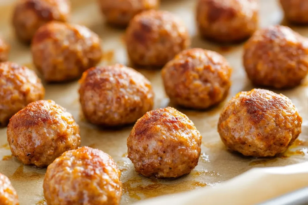 Golden-brown sausage balls baked evenly on parchment paper, showing a crispy texture and rich color.