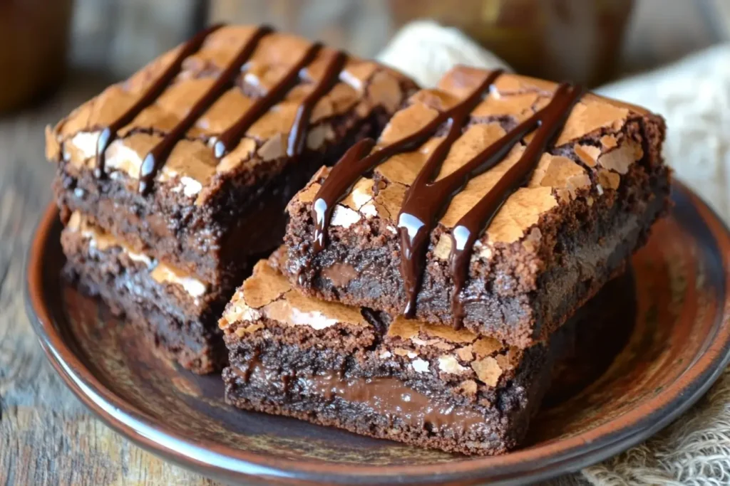 Close-up of gooey chocolate brownies drizzled with melted chocolate, served on a rustic brown plate.