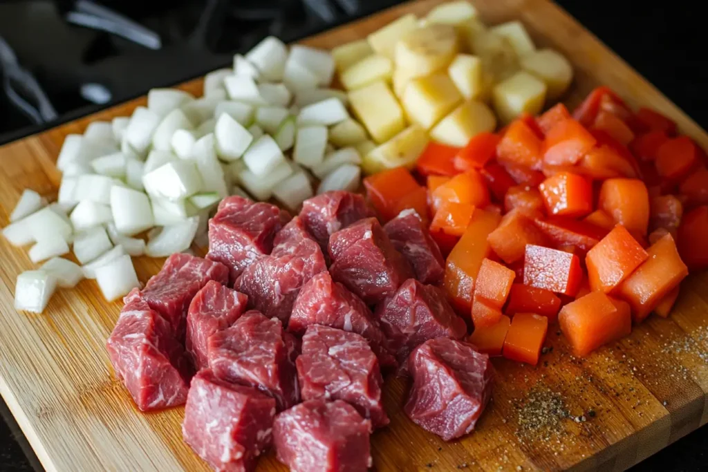 Fresh ingredients for Hawaiian Beef Stew, including beef chunks, carrots, potatoes, onions, and seasonings displayed on a wooden cutting board.