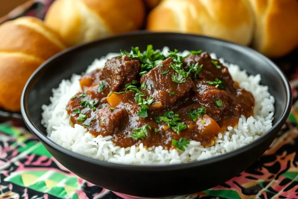 Hawaiian Beef Stew served with white rice and Hawaiian sweet rolls, garnished with parsley for a flavorful presentation.