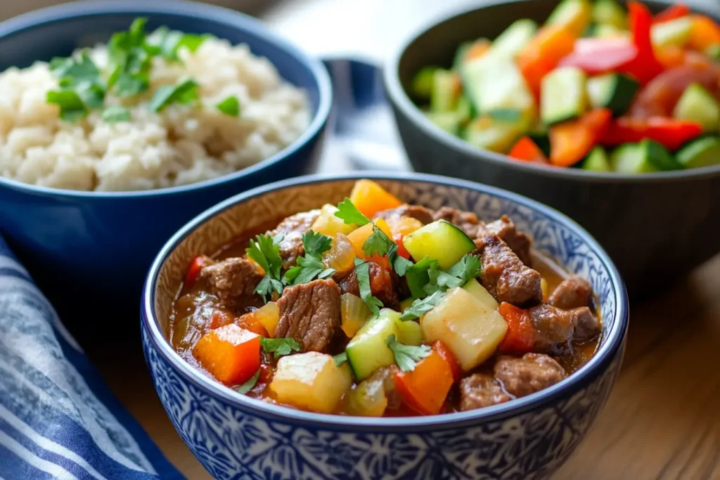 Three variations of Hawaiian Beef Stew, including a coconut milk version, a spicy version, and a vegetable-forward option, showcasing creative recipe ideas.