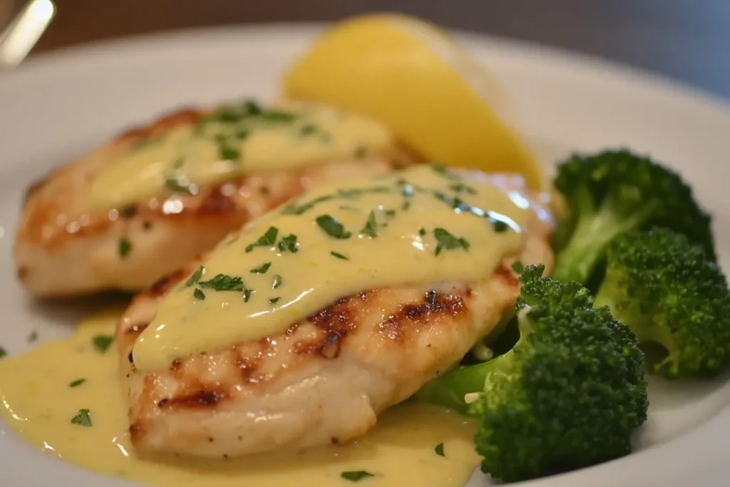 Lightened creamy lemon chicken topped with lemon sauce and served with steamed broccoli and a slice of fresh lemon.