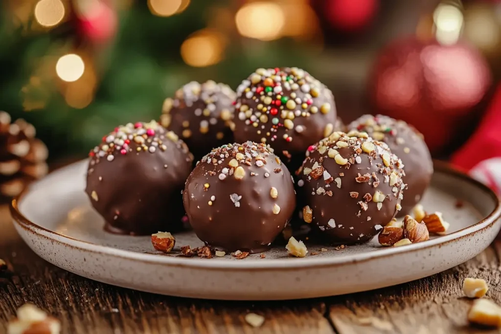 Festive chocolate peanut butter balls decorated with colorful sprinkles and nuts on a ceramic plate, with holiday lights in the background.