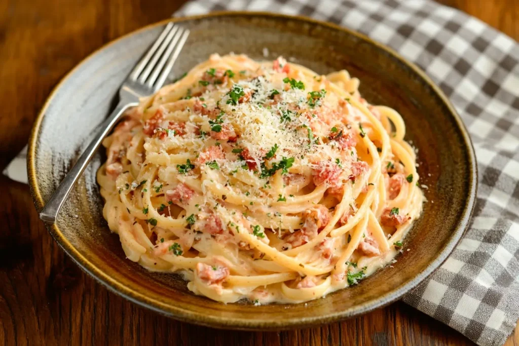 Large ceramic serving bowl of Cajun Alfredo pasta with a ladle, accompanied by fresh bread and grated Parmesan on a rustic kitchen table.