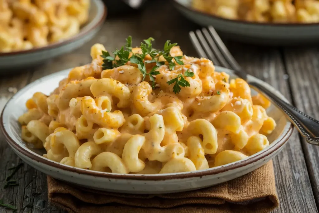 A close-up of homemade mac and cheese on a white ceramic plate, garnished with parsley, highlighting the creamy, golden perfection of the dish.