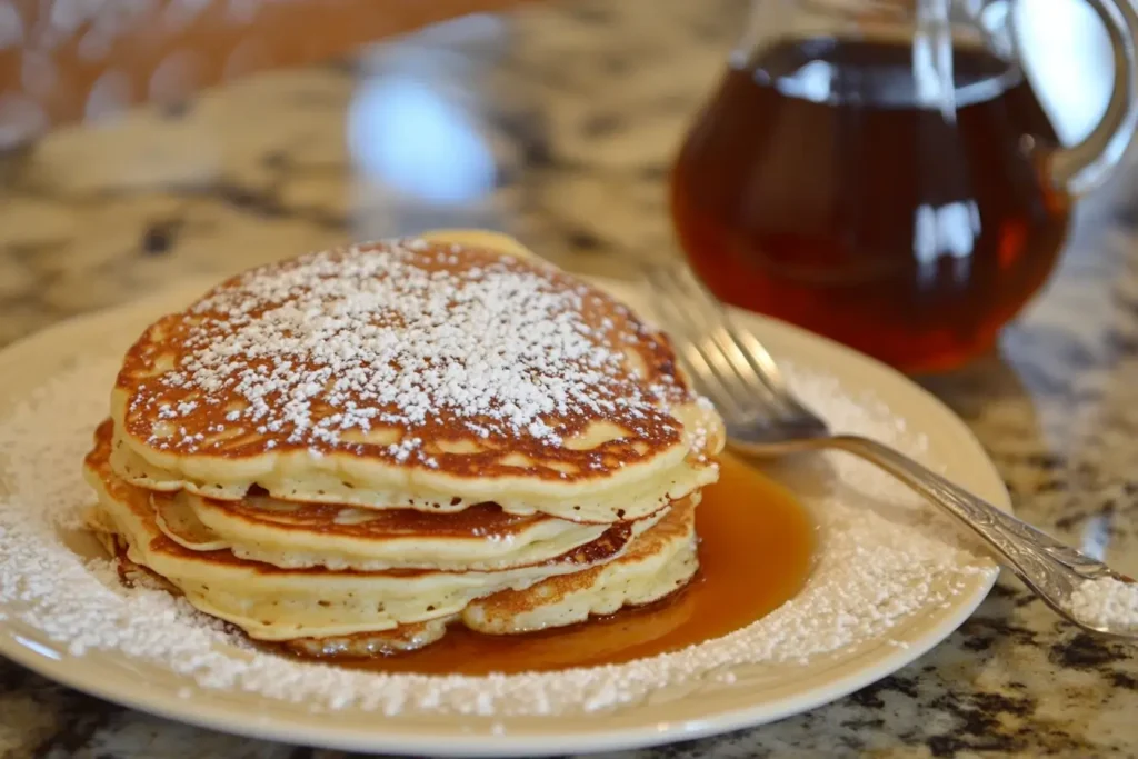 Homemade pancakes dusted with powdered sugar, served with maple syrup in a cozy kitchen setting.