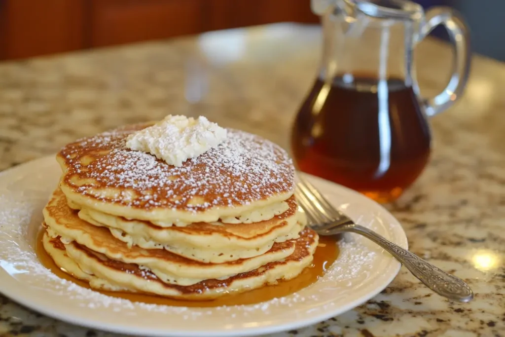 Homemade pancakes dusted with powdered sugar, served with maple syrup