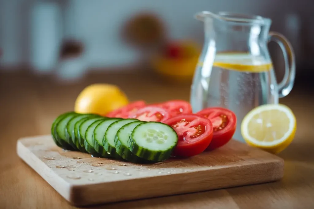 Freshly sliced cucumbers and tomatoes on a wooden cutting board with water droplets, a pitcher of lemon water in the background, symbolizing hydration.