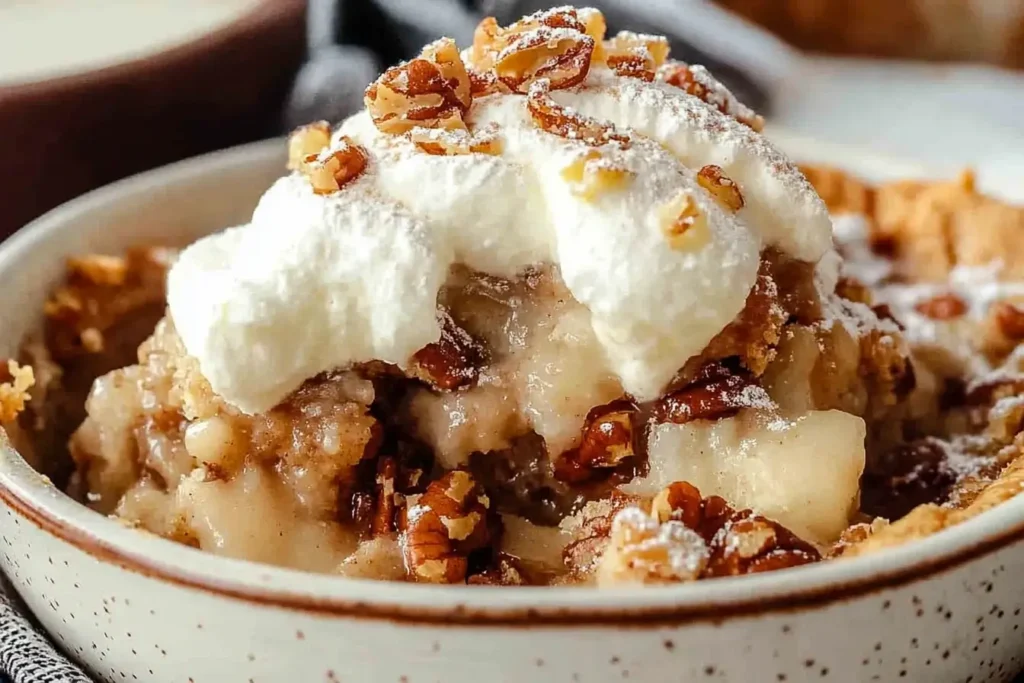 An individual serving of pecan pie cobbler in a bowl, topped with whipped cream, powdered sugar, and crunchy pecans for a cozy, homemade dessert.