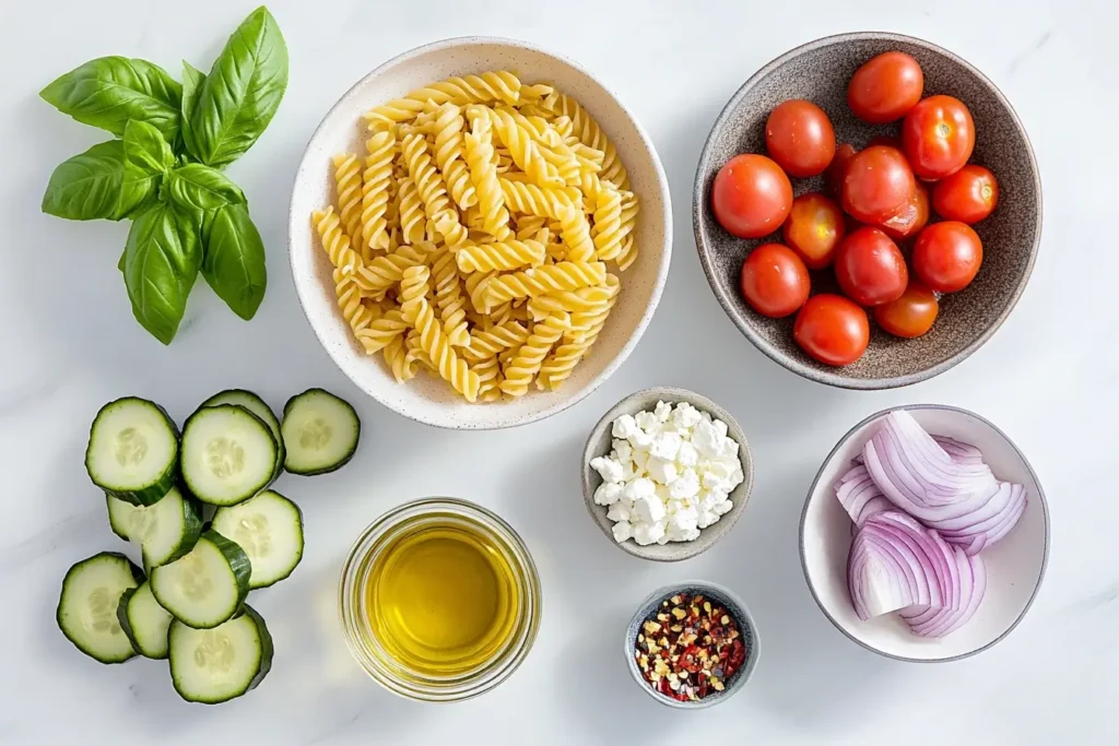 Flat lay of cucumber tomato pasta salad ingredients, including rotini pasta, cherry tomatoes, cucumber slices, red onions, olive oil, basil, feta cheese, and chili flakes.