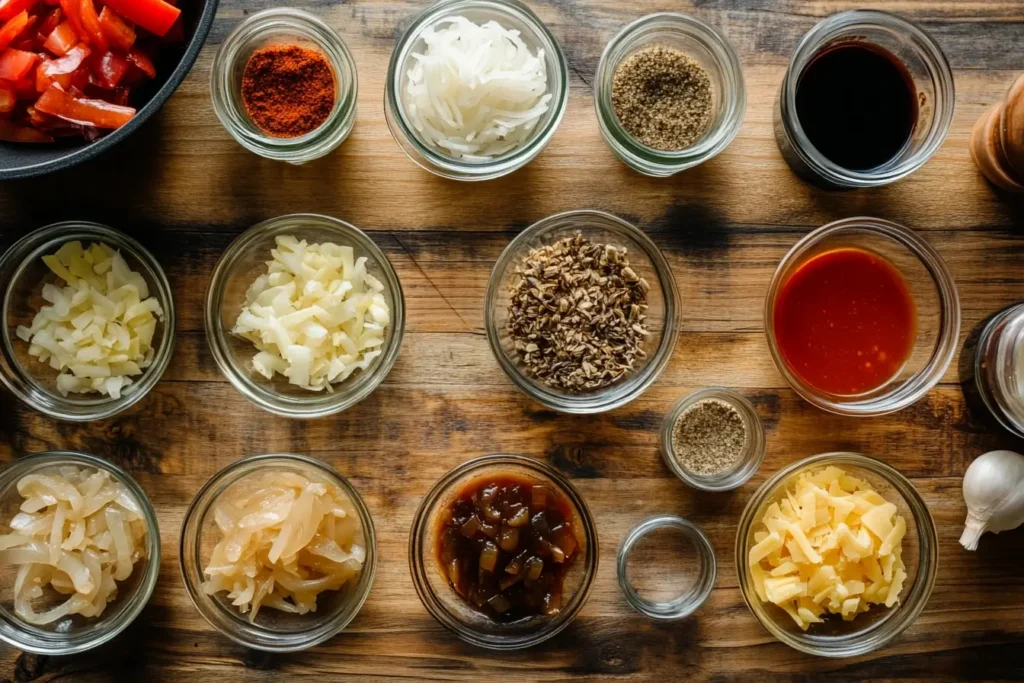 Assorted secret ingredients for Philly cheesesteak, including sauces, spices, and caramelized onions on a kitchen counter.