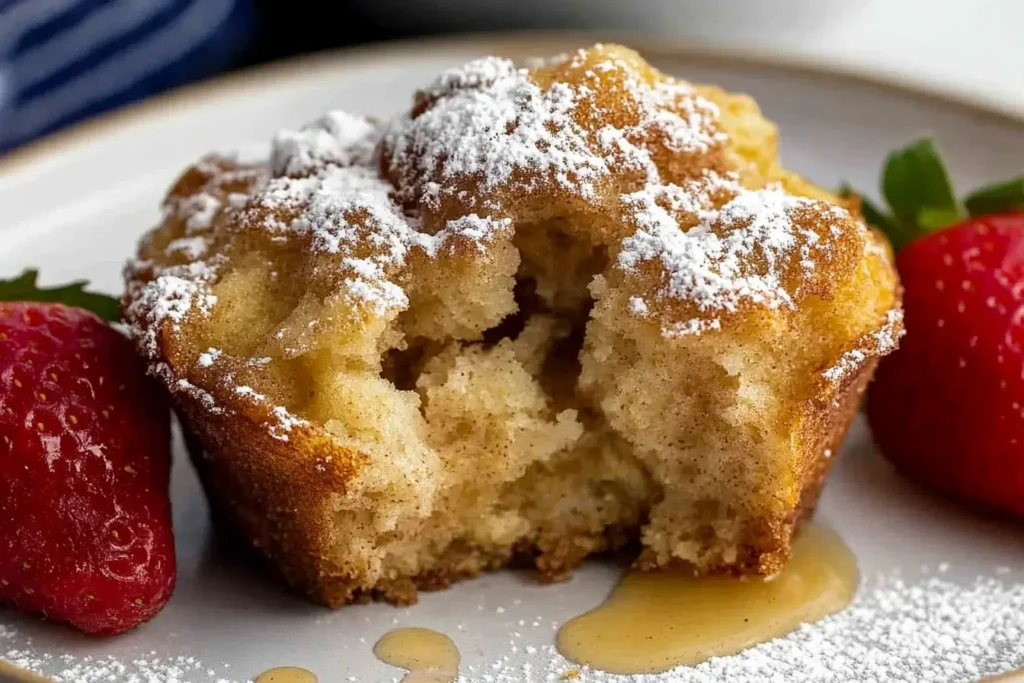 A close-up of a split cinnamon sugar French toast muffin, revealing its moist interior, served with fresh strawberries and drizzled with maple syrup.