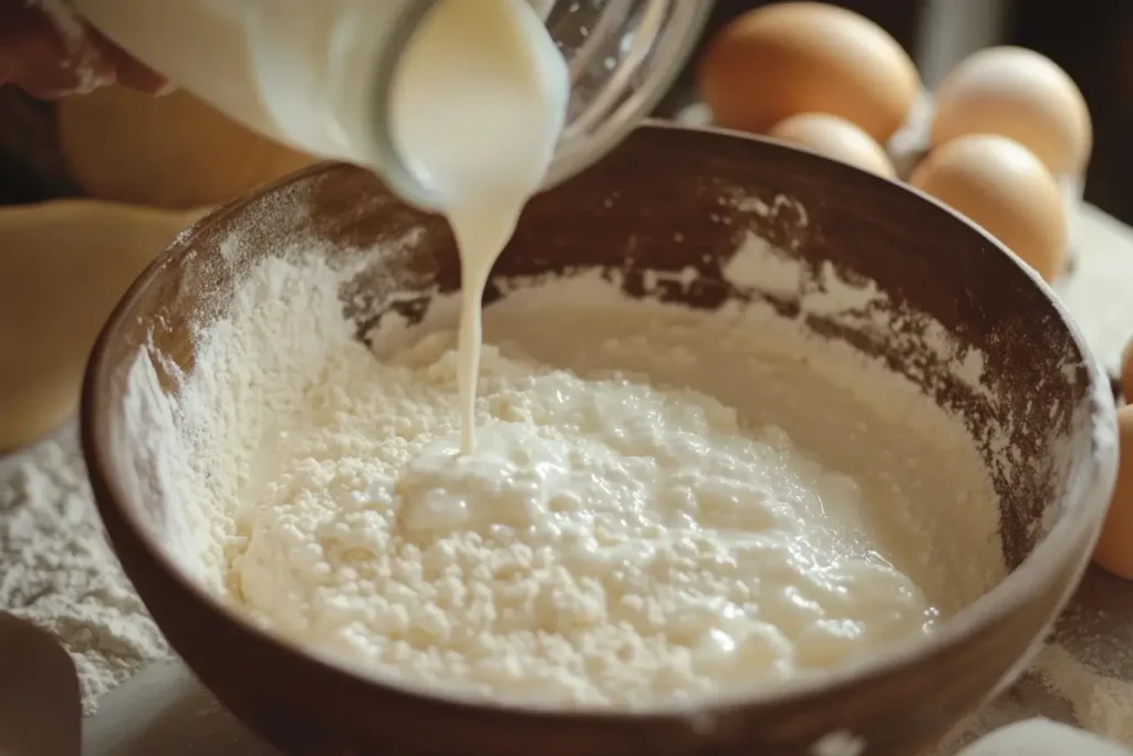 A baker pouring kefir into a mixing bowl with cake batter ingredients, demonstrating its use in baking.