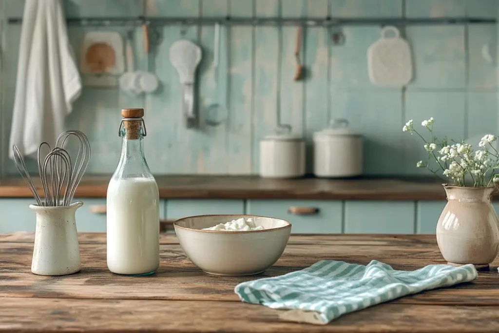 A bottle of kefir and a bowl of yogurt with baking tools on a countertop, perfect for illustrating kefir as a yogurt substitute in baking.