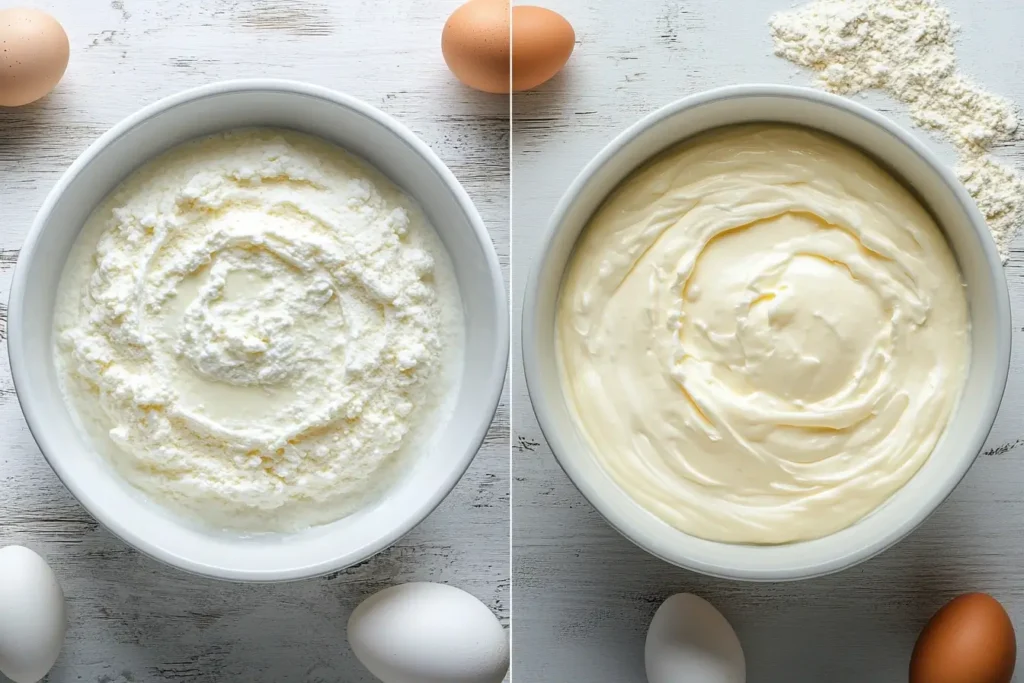 Two cakes side by side showing the texture differences between one made with yogurt and one made with kefir.