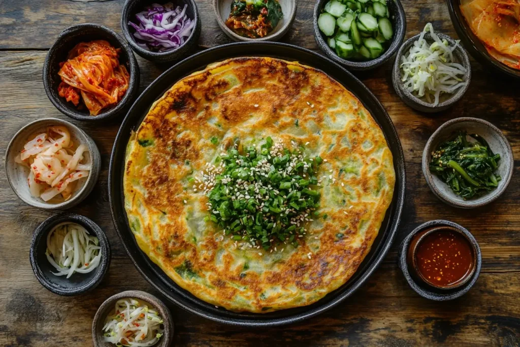 Korean taro pancake served with traditional side dishes, including kimchi, pickled vegetables, and dipping sauce on a rustic wooden table.