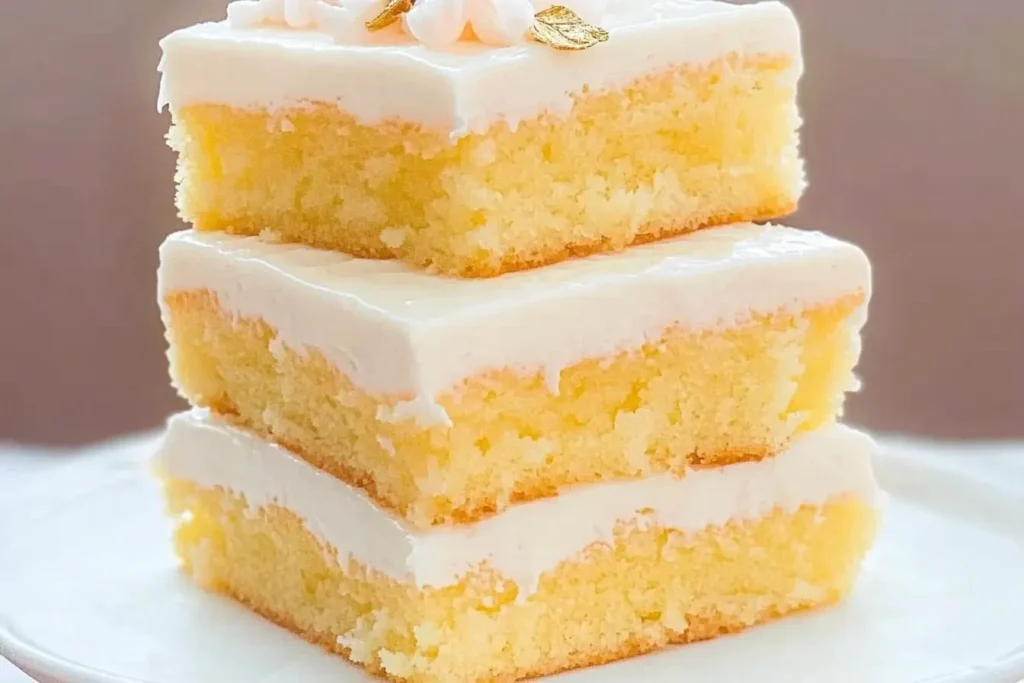 Three stacked lemon brownies with thick, creamy white icing, showing their light, fluffy texture and vibrant yellow color.