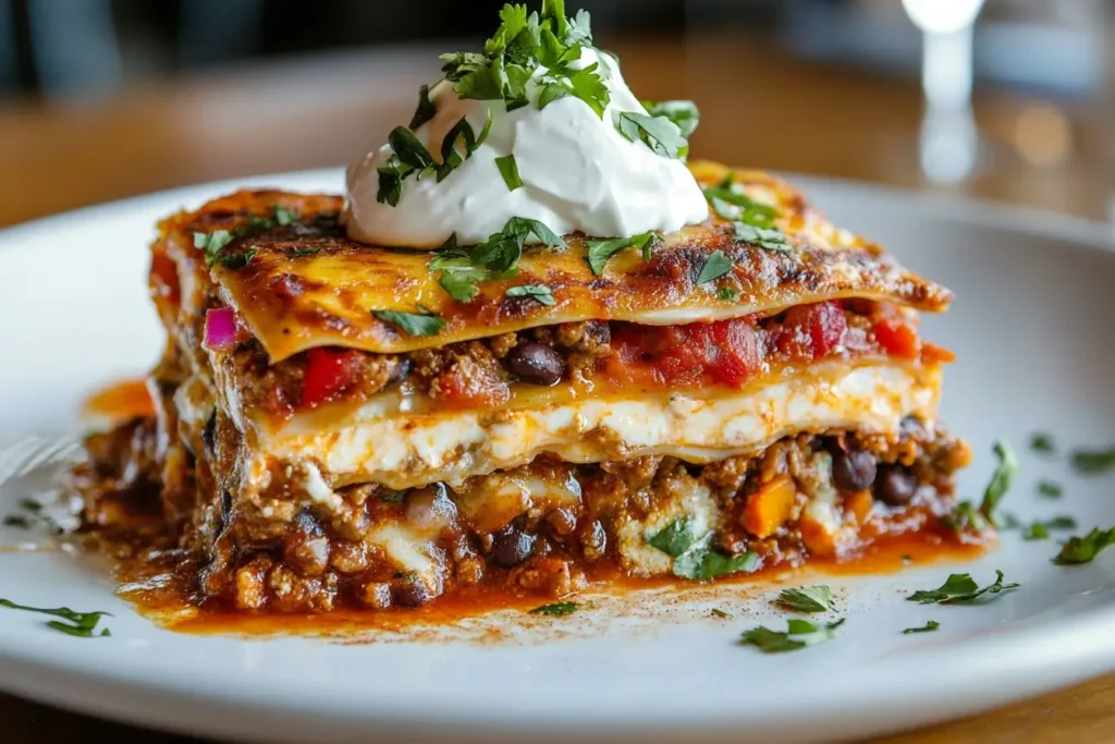 A slice of Mexican lasagna with distinct layers of tortillas, meat, beans, and cheese, garnished with sour cream and cilantro on a white plate.