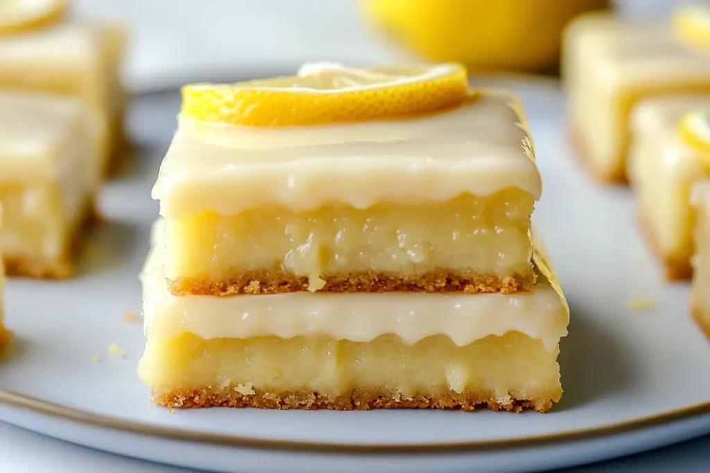 Close-up of two stacked lemon brownies topped with glossy lemon glaze and a fresh lemon slice, showing their soft, chewy texture.