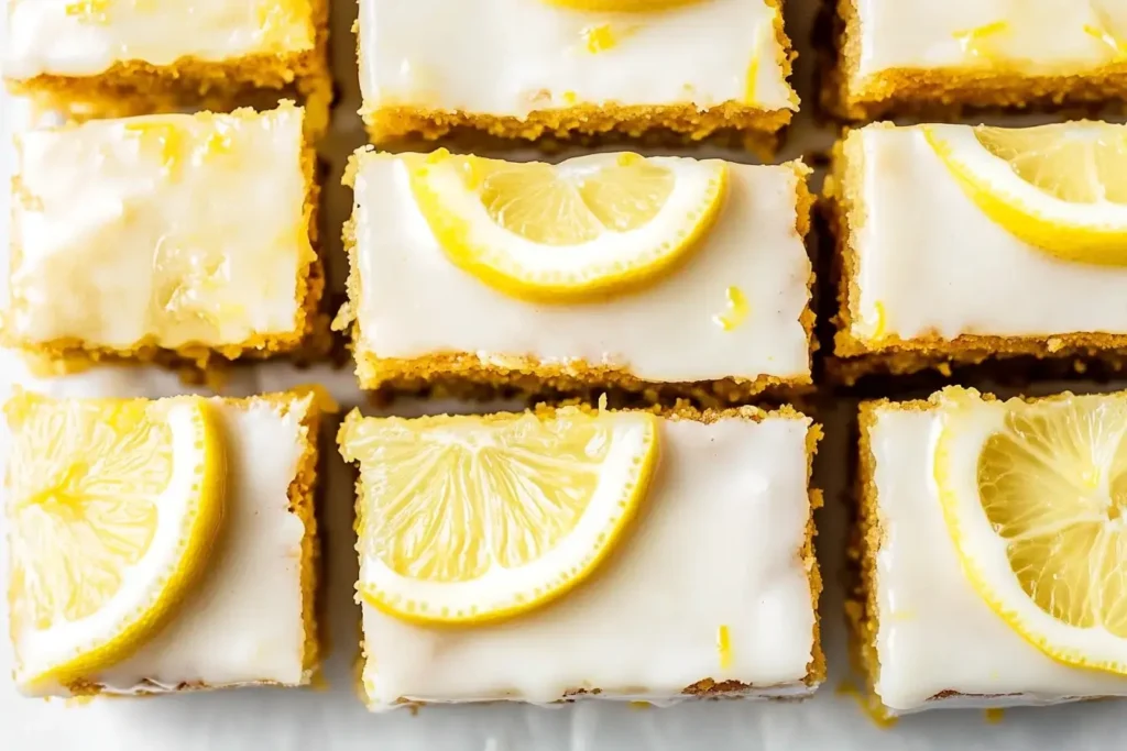 Top view of rectangular lemon brownies topped with a sweet lemon glaze and garnished with lemon slices and zest.