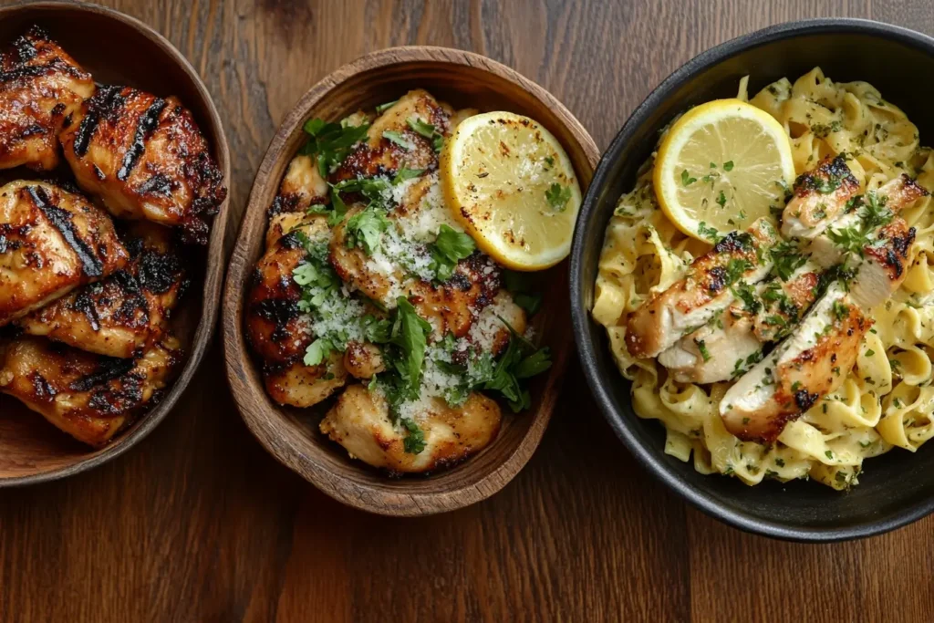 Three lemon chicken variations: grilled chicken thighs, lemon herb chicken, and creamy lemon chicken pasta, served in rustic bowls on a wooden table.