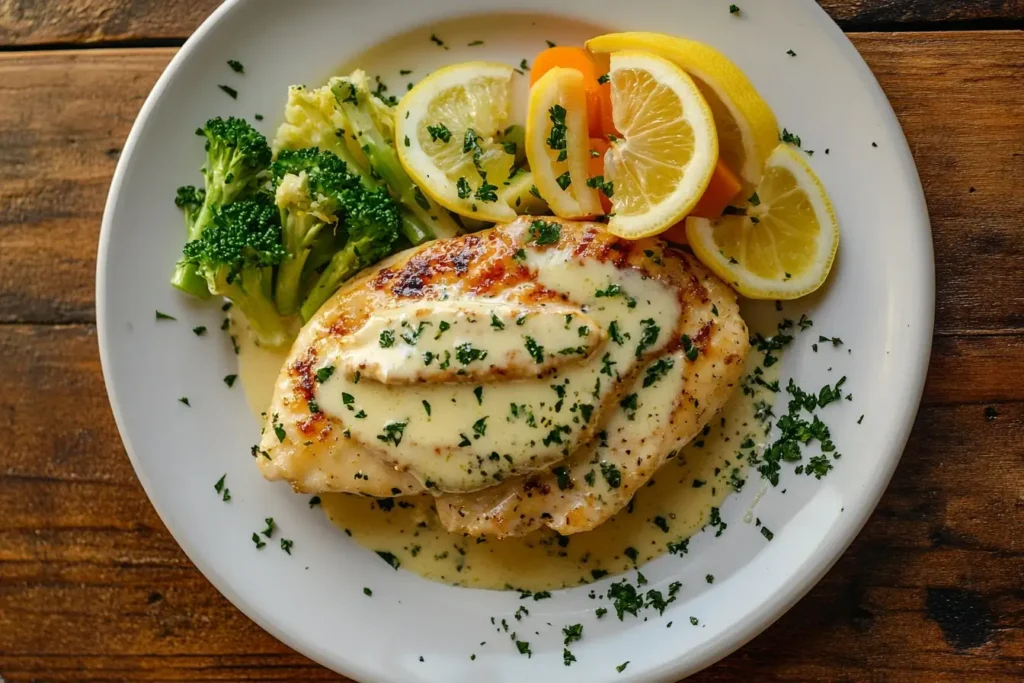 A grilled chicken breast topped with creamy lemon sauce, garnished with parsley and served with broccoli, carrots, and lemon slices on a white plate.