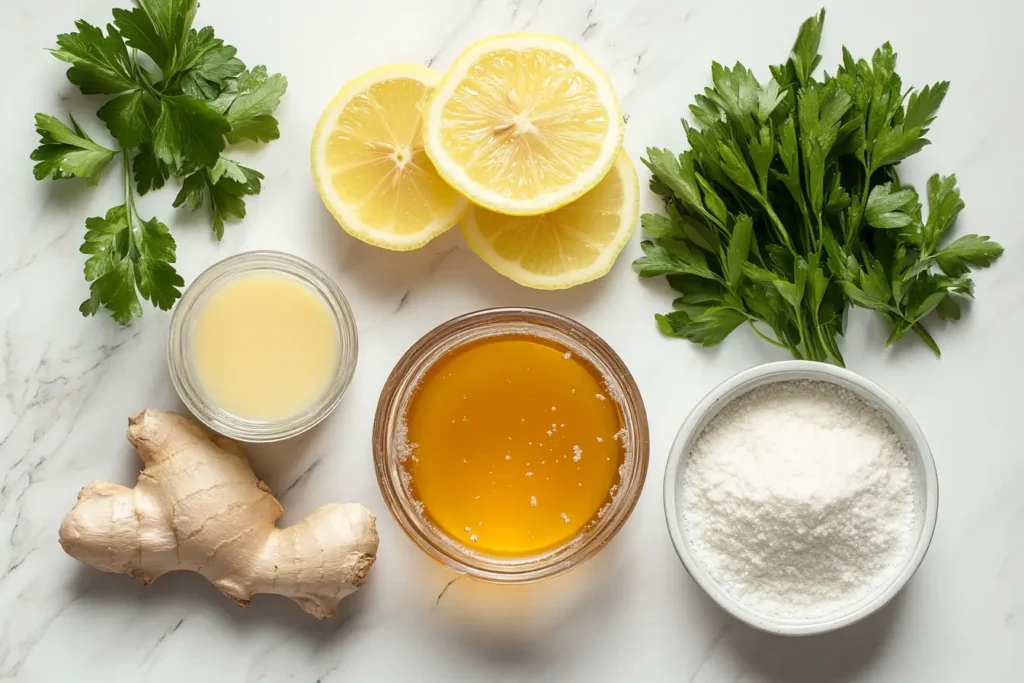 Key ingredients for lemon chicken sauce, including fresh lemon slices, honey, parsley, ginger, cornstarch, and chicken broth, neatly arranged on a white marble surface.