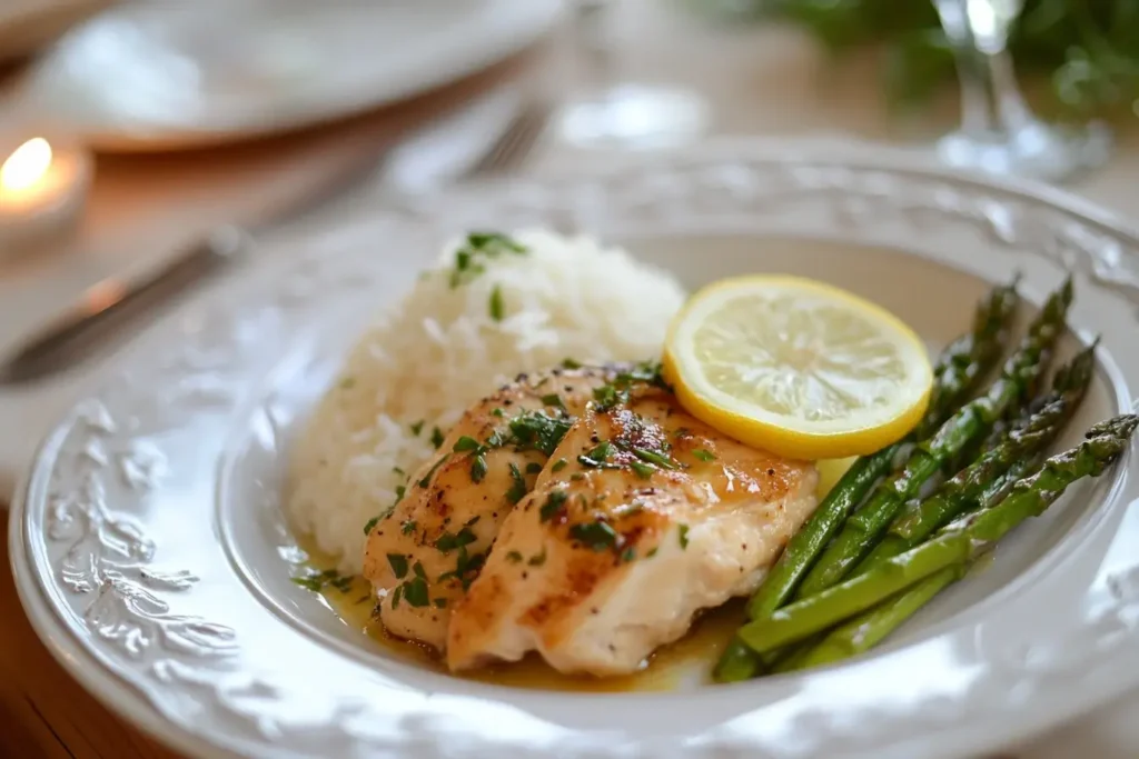 Lemon chicken paired with steamed asparagus, white rice, and garnished with a lemon slice on an elegant plate, perfect for a complete meal.