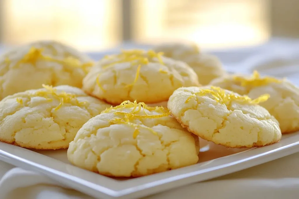 Soft lemon Cool Whip cookies garnished with fresh lemon zest, displayed on a white plate for a light and refreshing treat.