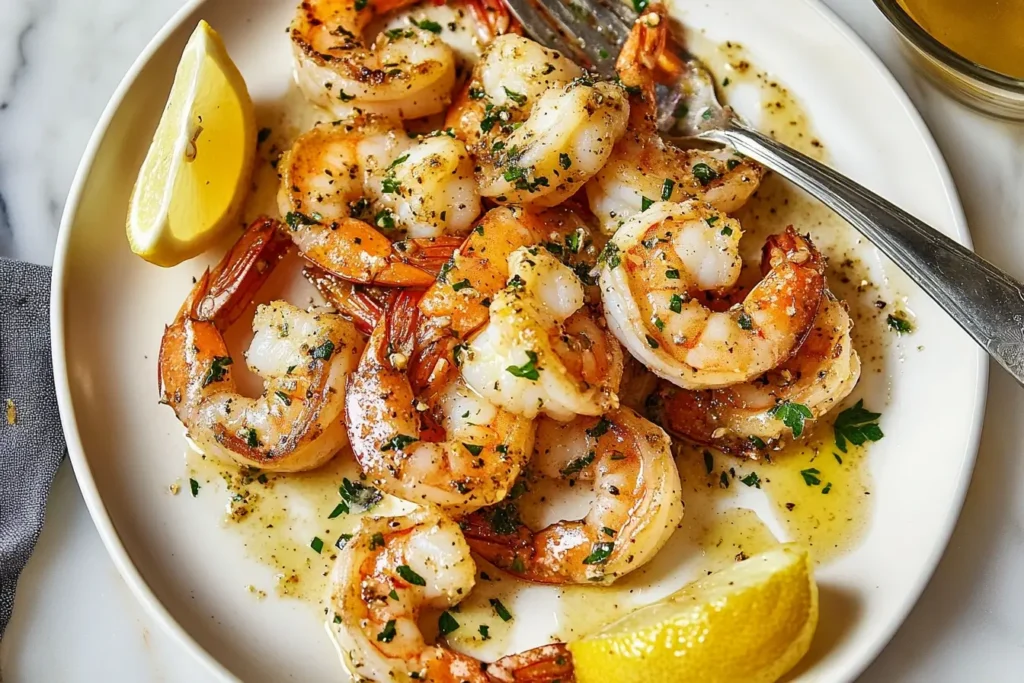 Shrimp cooked in a lemon garlic butter sauce, garnished with parsley and served on a white plate with lemon wedges.