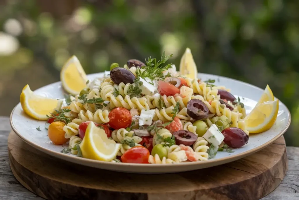 A plate of pasta salad garnished with lemon wedges, featuring olives, cherry tomatoes, and fresh herbs, presented outdoors with soft natural lighting.