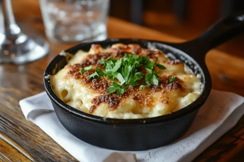 A serving of mac and cheese in a cast-iron skillet, garnished with fresh parsley, emphasizing the dish's rich and creamy appeal.