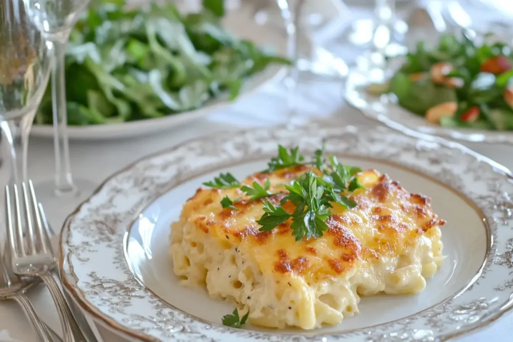 A gourmet serving of Five Cheese Mac and Cheese paired with a green salad and white wine, illustrating a perfect meal combination.