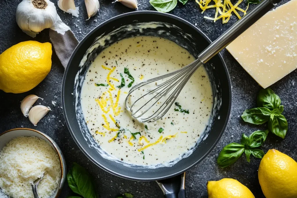 Rich lemon cream sauce being whisked in a skillet with fresh lemon zest, garlic, Parmesan cheese, and basil leaves on the side.